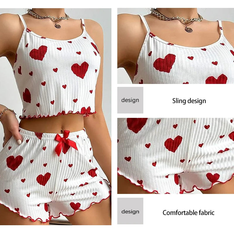 Women’s 2-Piece Pajama Set – White Love Print Tank Top & Shorts Sleepwear