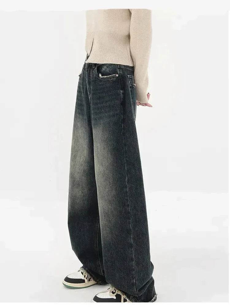 Women's Baggy Straight Leg Jeans: Deep Blue High Waisted Vintage Denim for Fall - Stylemein