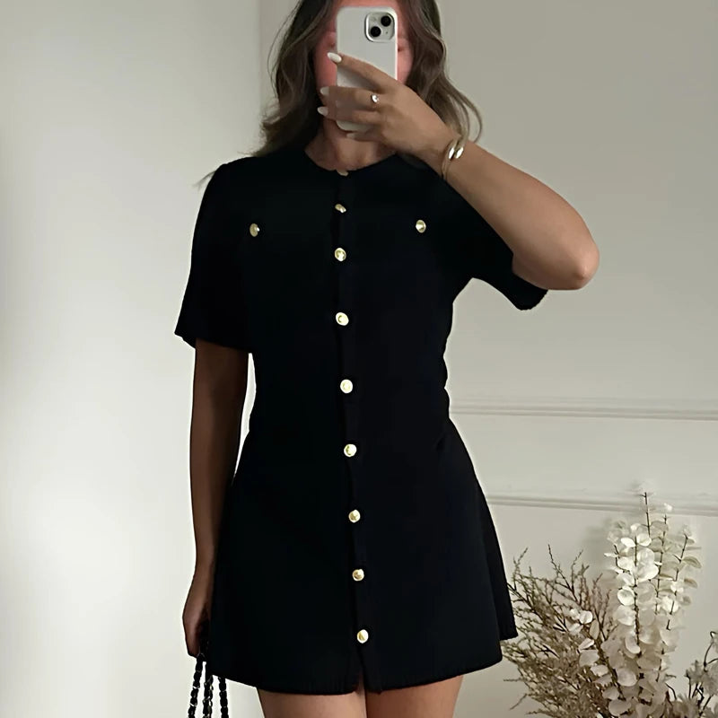 Women’s White Elegant Knitted Mini Dress – Slim Rib Sweater Dress with Metal Buttons for Party & Holiday Wear