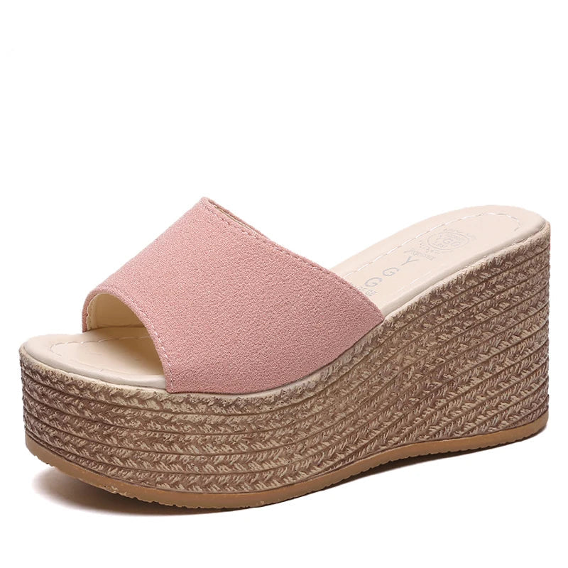 3.5" Wedge Heel Slide Sandals for Women – Cotton Upper, Applique Detail, Beach Platform, Plus Size
