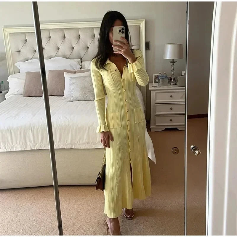 Women’s Winter Knitted Long Dress – Elegant Ruffle Sweater Style
