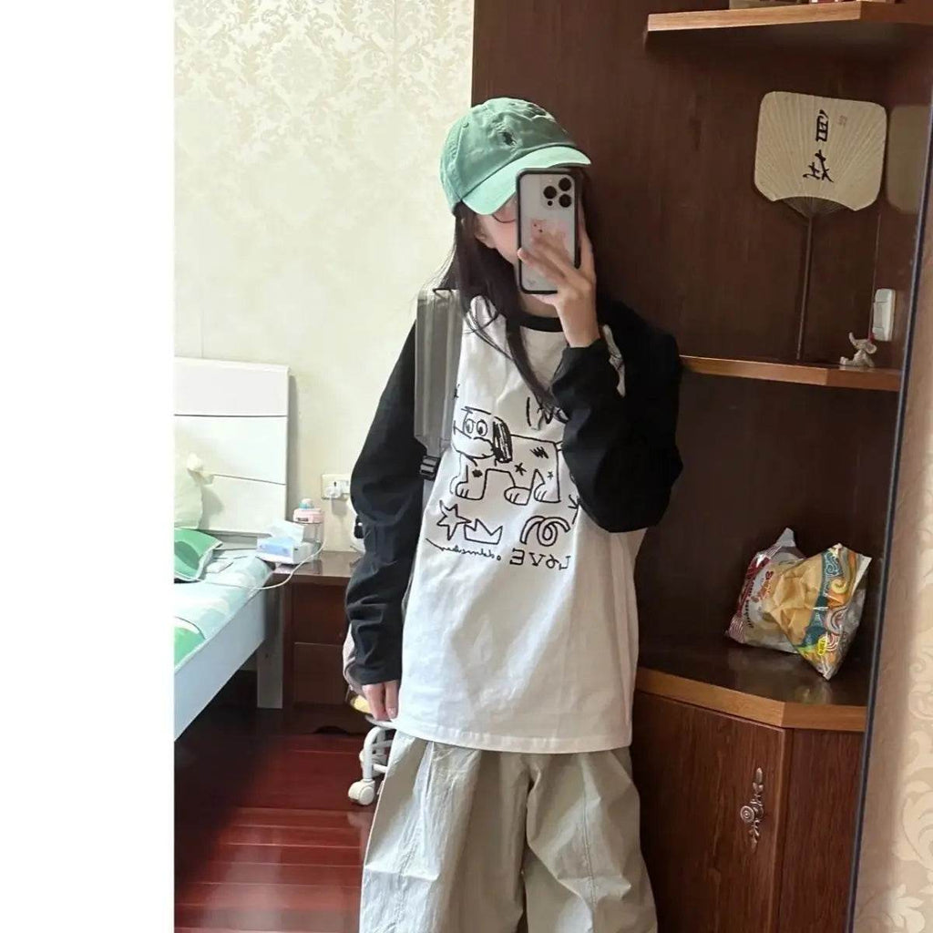Kawaii Oversized Anime Graphic Long Sleeve Tee – Cute Y2K Japanese Preppy Style for Women - Stylemein