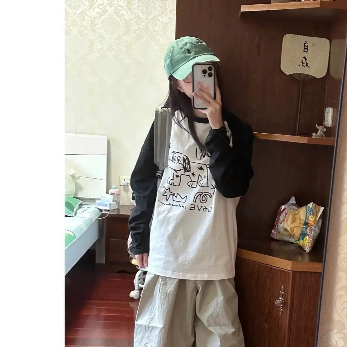 Kawaii Oversized Anime Graphic Long Sleeve Tee – Cute Y2K Japanese Preppy Style for Women - Stylemein