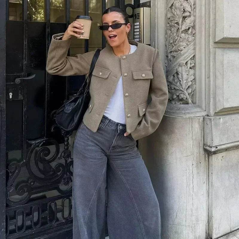 Elegant Cropped Button Jacket: Autumn & Winter Long Sleeve Demi-Season Coat - Stylemein