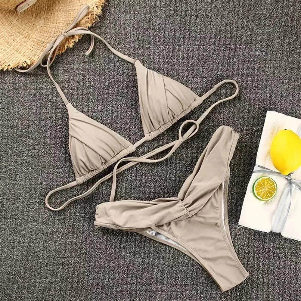 Micro Bikinis Women Halter Brazilian Bikini Set Female Pleated Swimsuit New Triangle Swimwear Beach Wear Bathing Suit - Stylemein