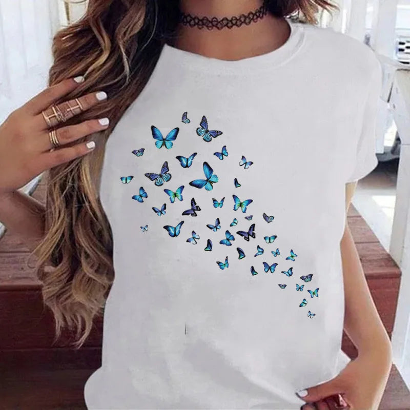 Women’s Butterfly Tree Print Harajuku T-Shirt – Black Round Neck Summer Casual Top