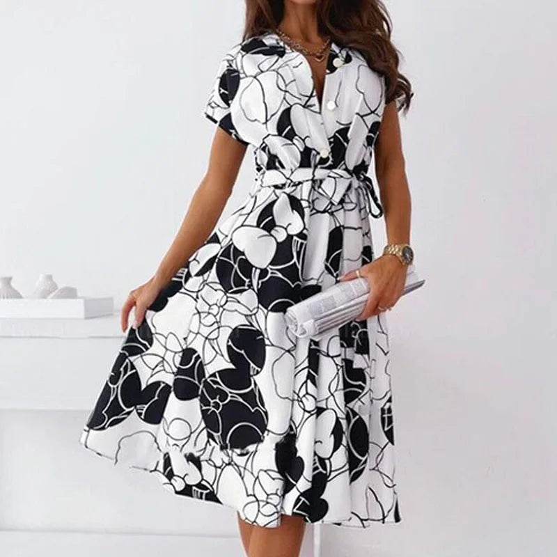 Stylemein - Vintage Pattern A-Line Midi Dress – V-Neck Short Sleeve Belted Summer Party Dress