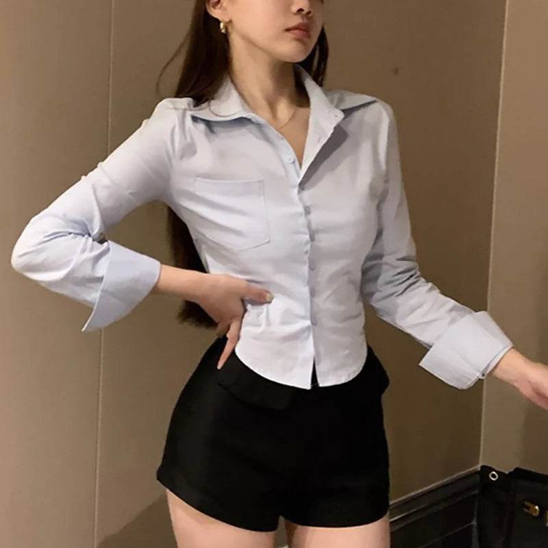 Chic White Button-Down Chiffon Shirt for Women – Long Sleeve Lapel Blouse with Pocket, Cropped Spring Top - Stylemein
