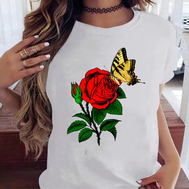 Women’s Butterfly Tree Print Harajuku T-Shirt – Black Round Neck Summer Casual Top