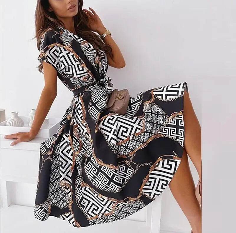 Stylemein - Vintage Pattern A-Line Midi Dress – V-Neck Short Sleeve Belted Summer Party Dress