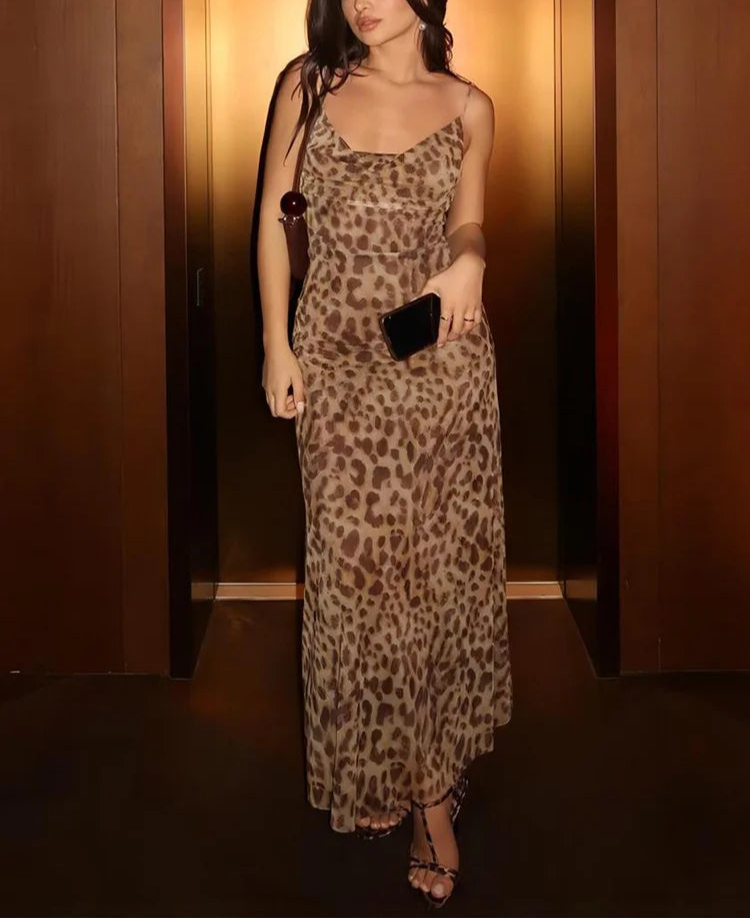 Leopard Print Swing Collar Dress – Spaghetti Strap Backless Ruffle Clubwear