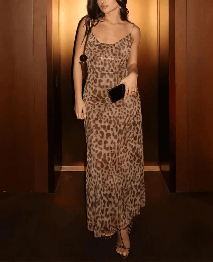 Stylemein - Leopard Print Swing Collar Dress – Spaghetti Strap Backless Ruffle Clubwear