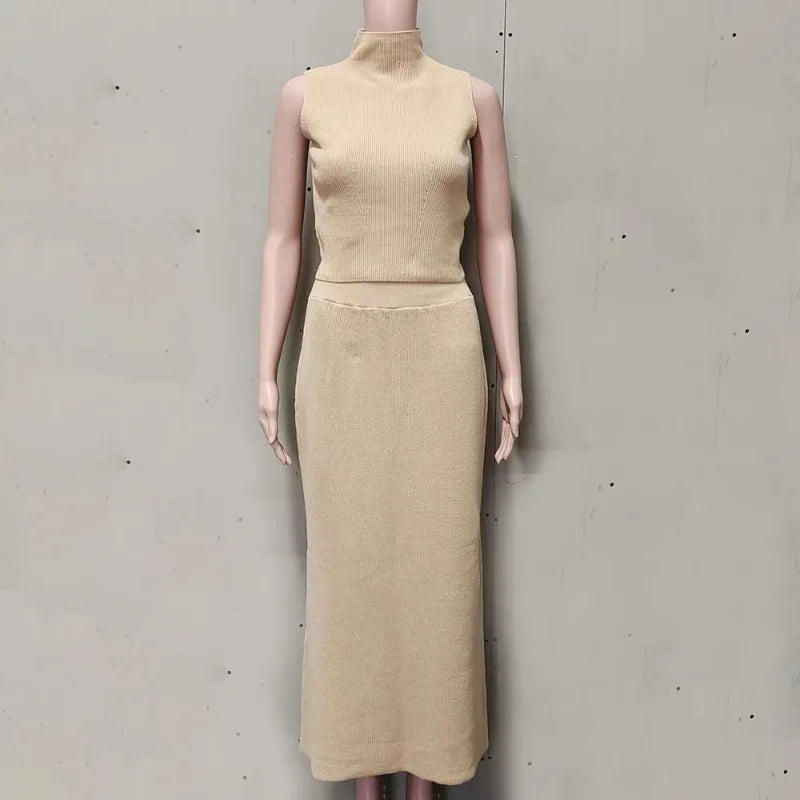Elegant Knitted Two-Piece Set for Women – Turtleneck Vest & Slim Skirt