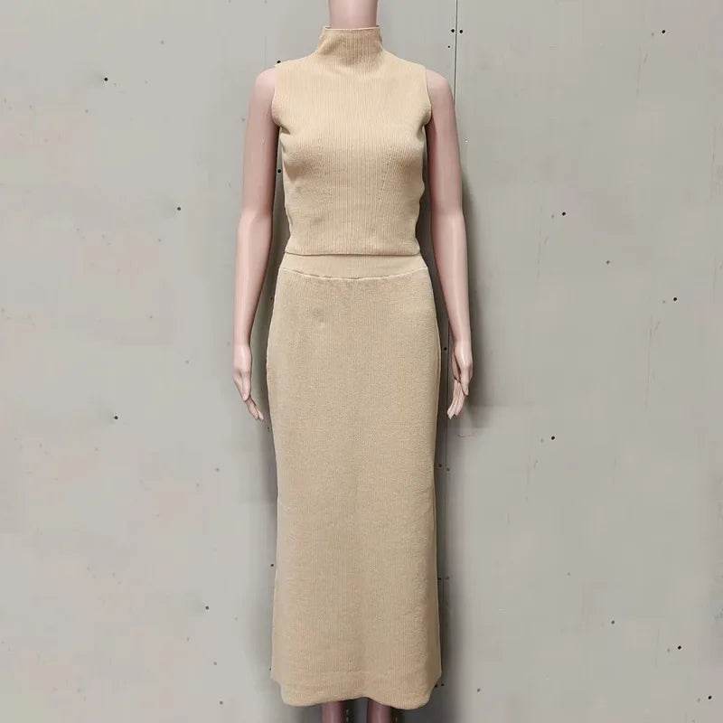 Stylemein - Elegant Knitted Two-Piece Set for Women – Turtleneck Vest & Slim Skirt