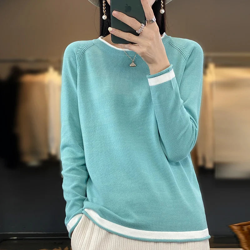 Cotton Knit Sweater – Loose Round Neck Color Block Top