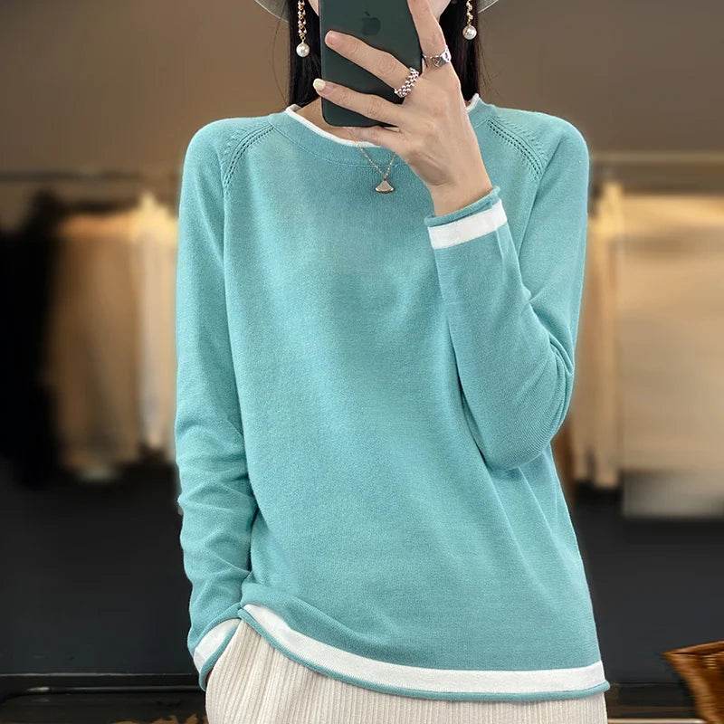 Stylemein - Cotton Knit Sweater – Loose Round Neck Color Block Top