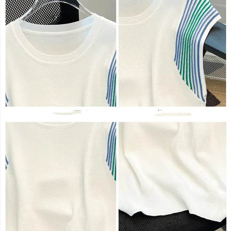 Contrast Color Ice Silk T-Shirt – Loose Knit Summer Top for Women - Stylemein