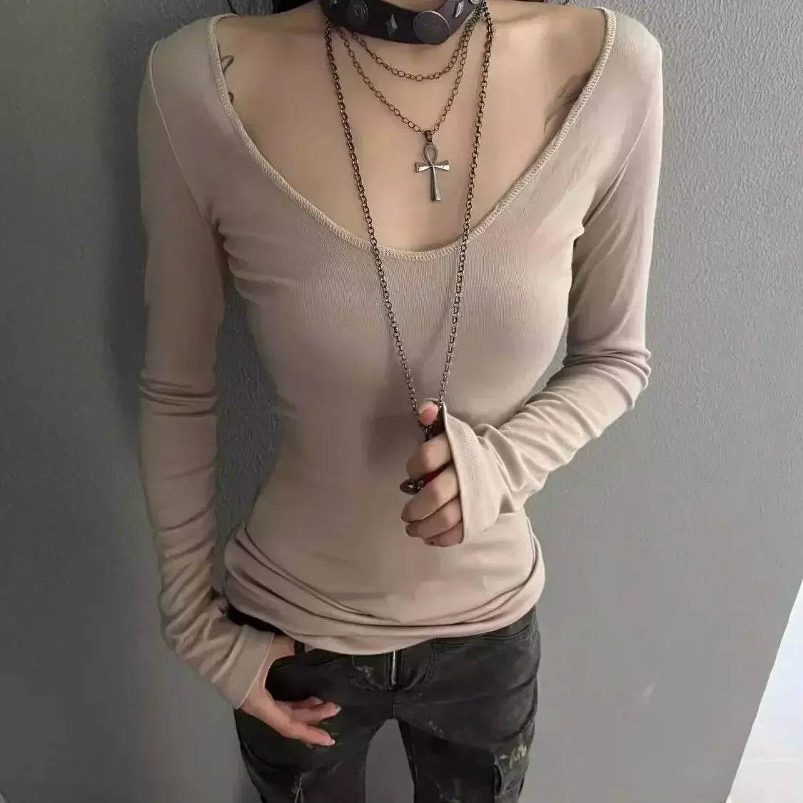 Korean Style Deep V-Neck Long Sleeve T-Shirt – Slim Fit Casual Tee for Women - Stylemein