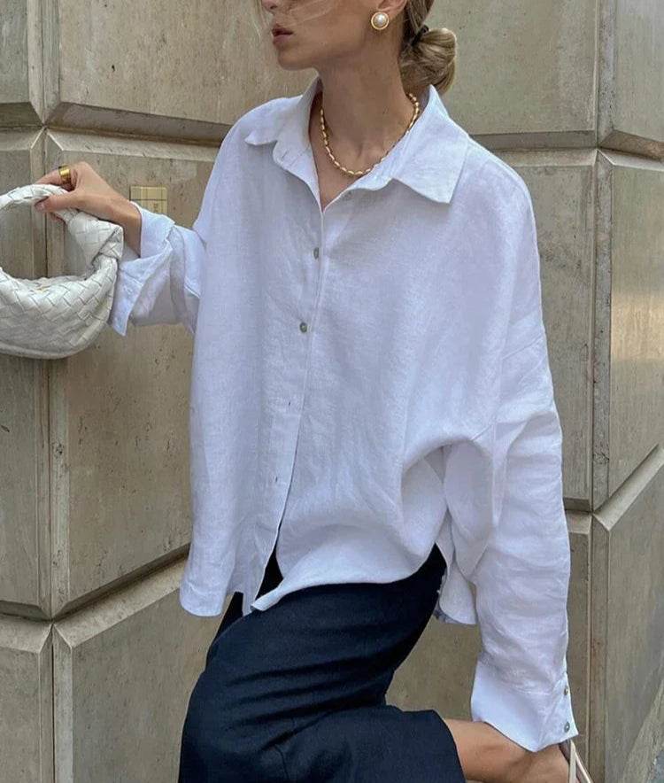 Oversized Cotton Linen Shirt – Women’s Long Sleeve Vintage Blouse - Stylemein