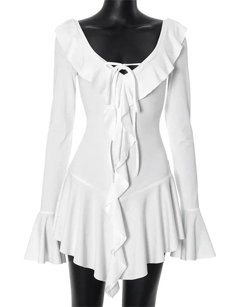 Sexy White Mini Dress with Ruffled Lace-Up Detail | V-Neck Patchwork Long Sleeve Slim Fit Bandage Dress for Women | Elegant Summer Party Dress - Stylemein