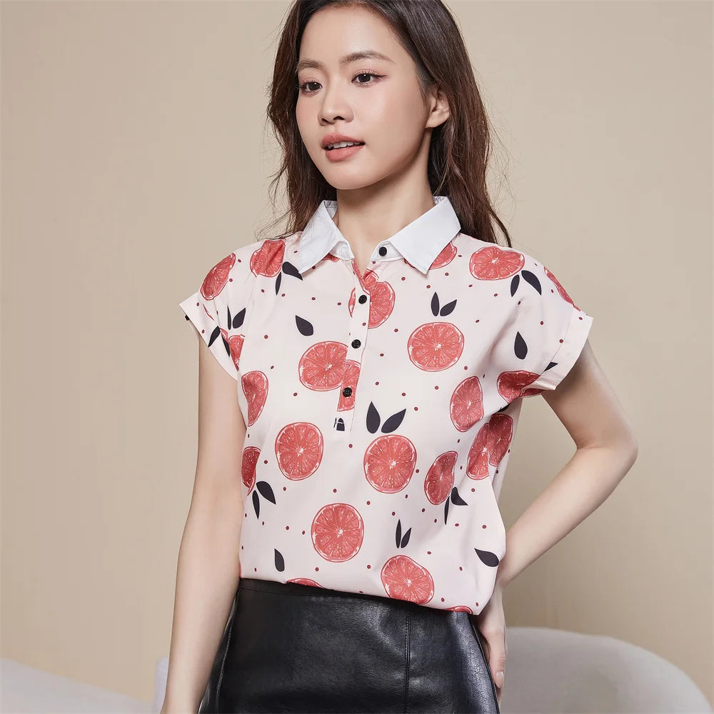 Chiffon Blouse – Spring Summer Casual Short Sleeve Printed Turn-Down Collar Top