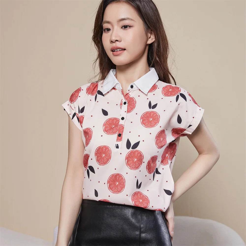 Stylemein - Chiffon Blouse – Spring Summer Casual Short Sleeve Printed Turn-Down Collar Top