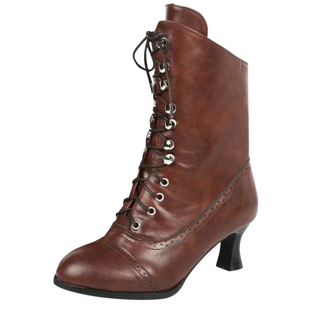 Retro Victorian Lace-Up Ankle Boots – Women’s PU Leather Streetwear Booties - Stylemein