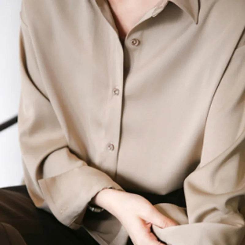 Elegant Satin Loose Fit Women's Shirt – Turn-Down Collar Casual Button Blouse for Spring and Autumn - Stylemein