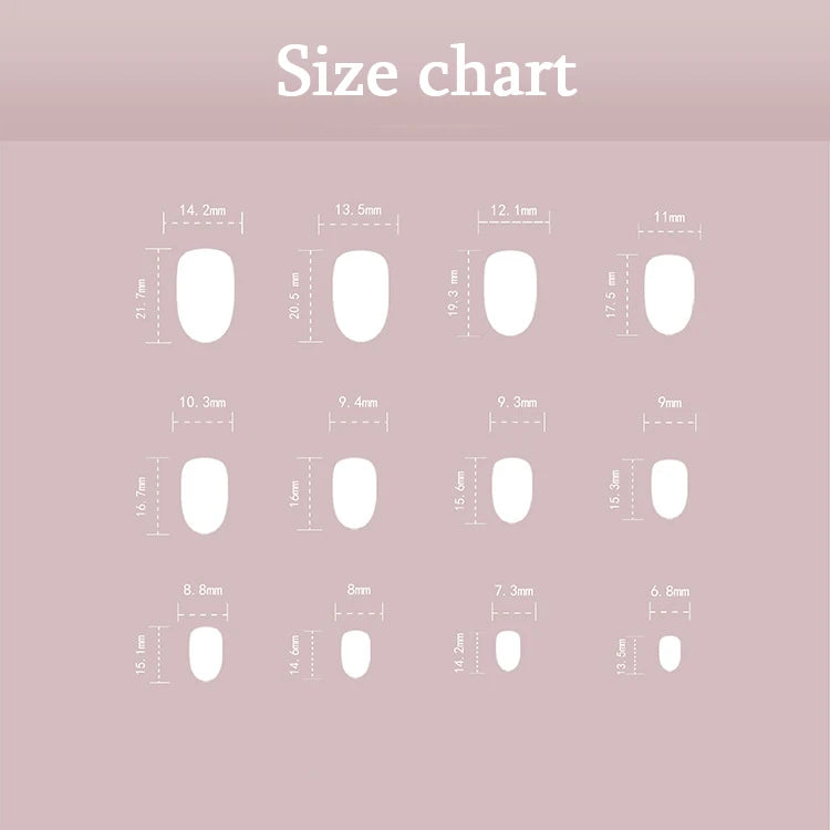 Size chart for nail shapes on a pink background