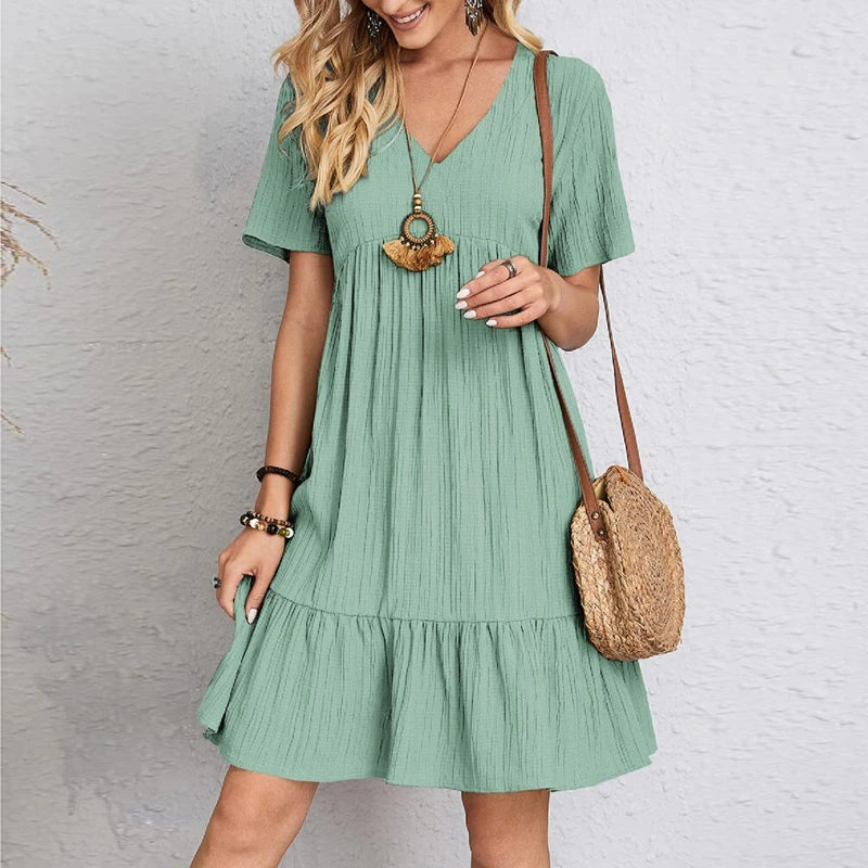 Vintage Solid A-Line Mini Dress – V-Neck High Waist Short Sleeve Summer Party Outfit