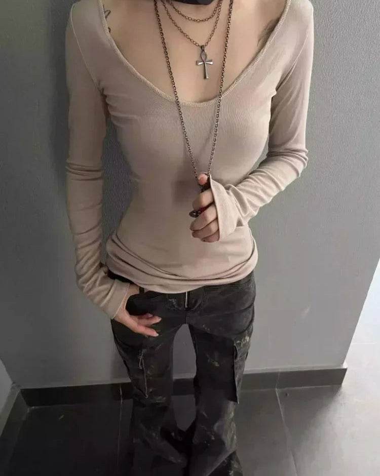 Korean Style Deep V-Neck Long Sleeve T-Shirt – Slim Fit Casual Tee for Women - Stylemein