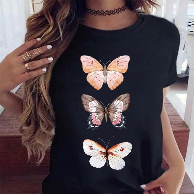 Women’s Butterfly Tree Print Harajuku T-Shirt – Black Round Neck Summer Casual Top