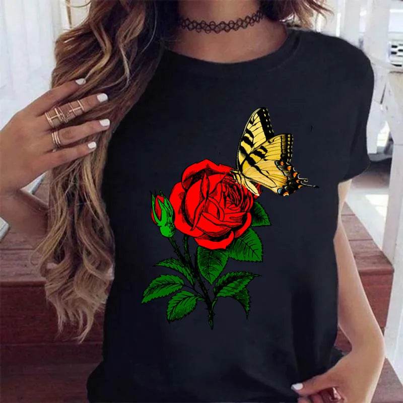 Stylemein - Women’s Butterfly Tree Print Harajuku T-Shirt – Black Round Neck Summer Casual Top