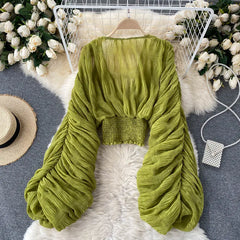 Sexy Chiffon See-Through Blouse for Women – Long Sleeve Folds Party Top in Purple, Green, Black, White