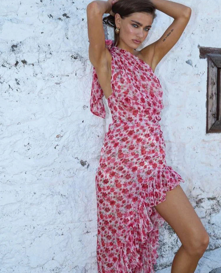 Floral Print Incline Shoulder Midi Dress – Ruffle Split Bodycon Vacation Dress for Women