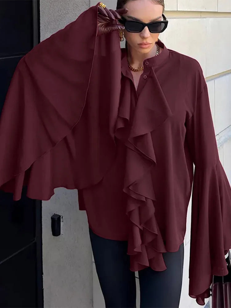 Women’s Ruffle V-Neck Blouse – Elegant Long Sleeve Autumn Top