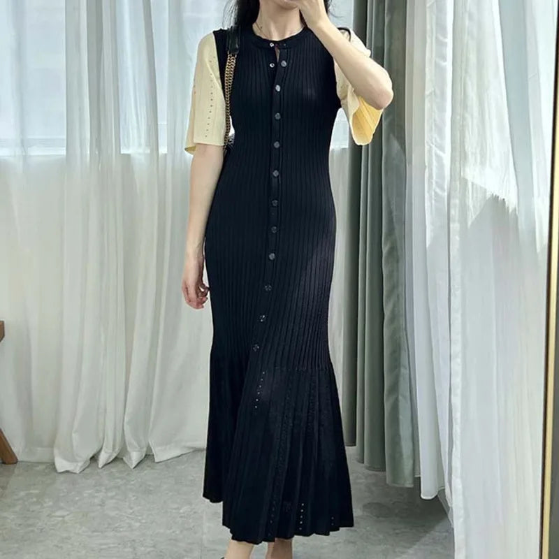 French Elegant Knitted Mermaid Dress – Slim Fit Hollow Design with Fish Tail Hem