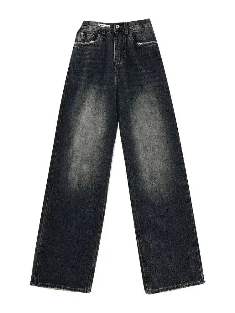 Women's Baggy Straight Leg Jeans: Deep Blue High Waisted Vintage Denim for Fall - Stylemein