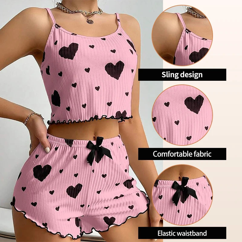 Women’s 2-Piece Pajama Set – White Love Print Tank Top & Shorts Sleepwear