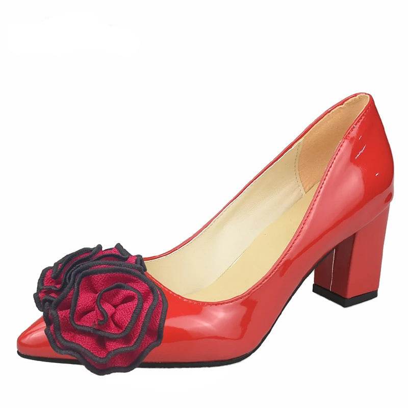 7cm Square Heel Patent Leather Pumps – Dark Green Floral Pointed Toe Shoes - Stylemein