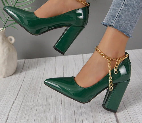 10cm Square Heel Gold Chain Pumps – Super High Heels with Ankle Strap & Pointed Toe, Size 35–53