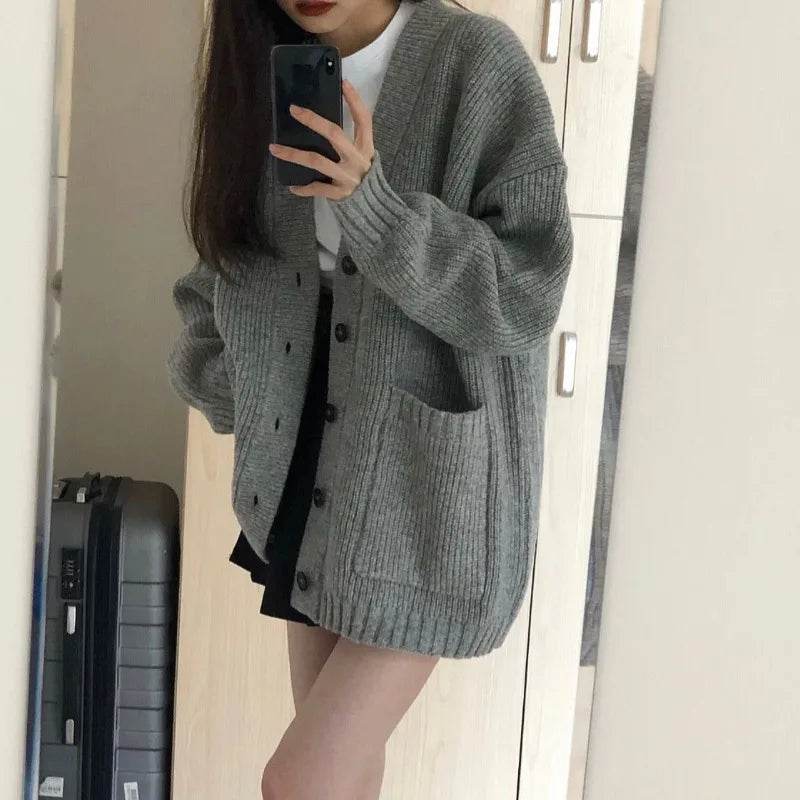 V-Neck Knit Cardigan – Loose Fit Long Sleeve Sweater Jacket - Stylemein