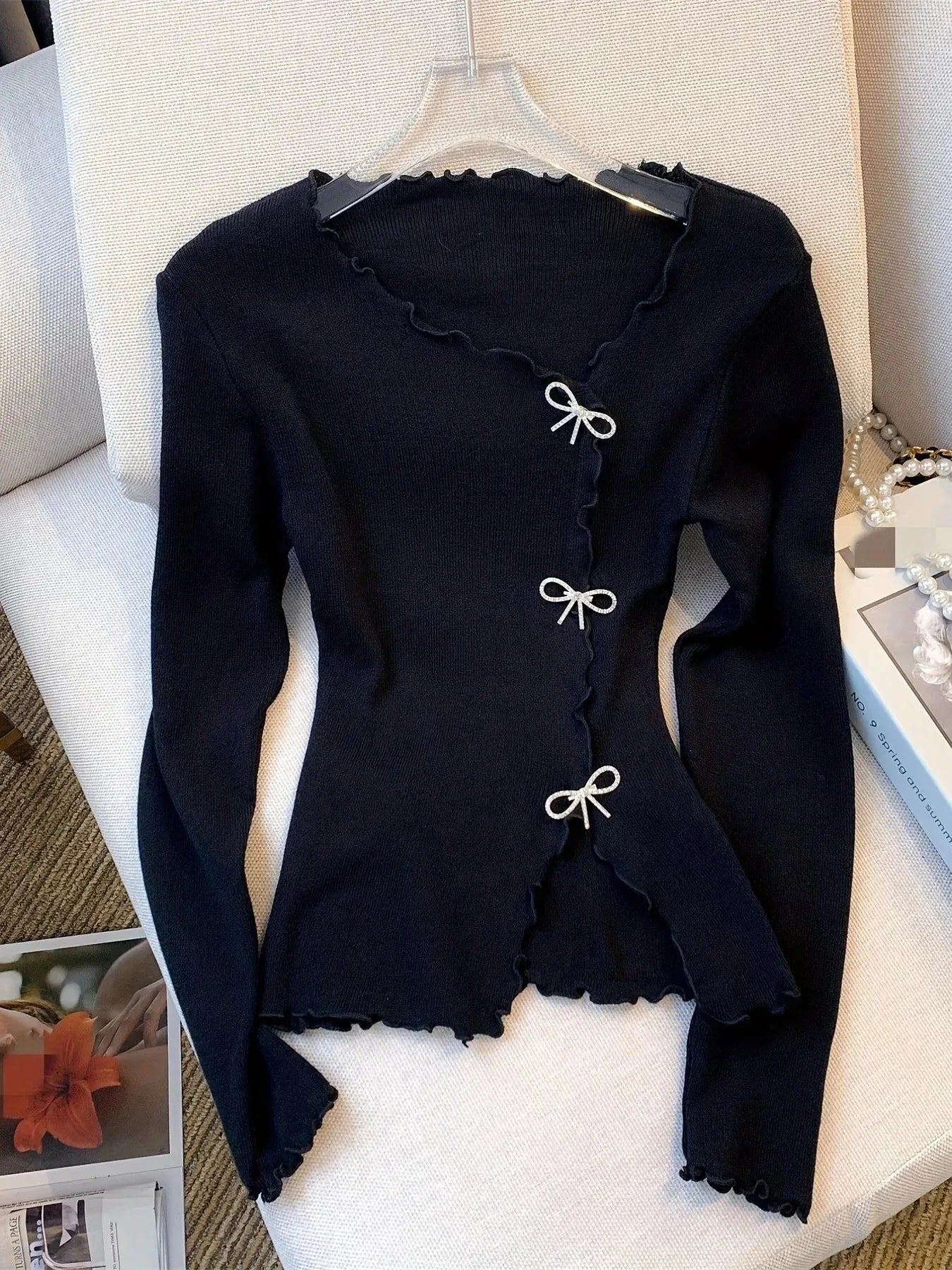 Women’s Y2K Pullover Sweater – Lettuce Trim Bowknot Long Sleeve