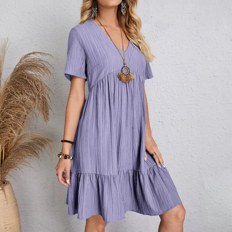 Vintage Solid A-Line Mini Dress – V-Neck High Waist Short Sleeve Summer Party Outfit