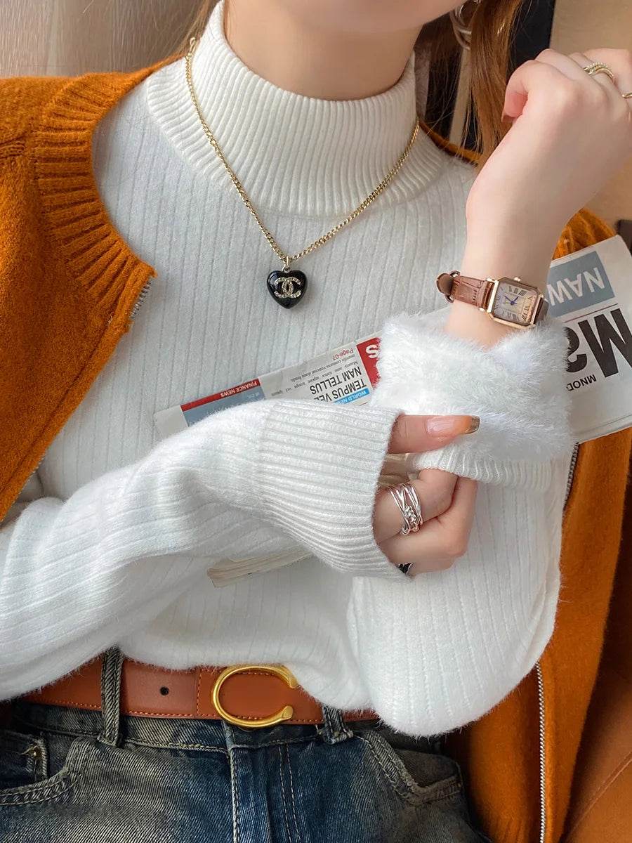 Velvet-Lined Thermal Turtleneck – Retro Red Knitted Winter Sweater - Stylemein