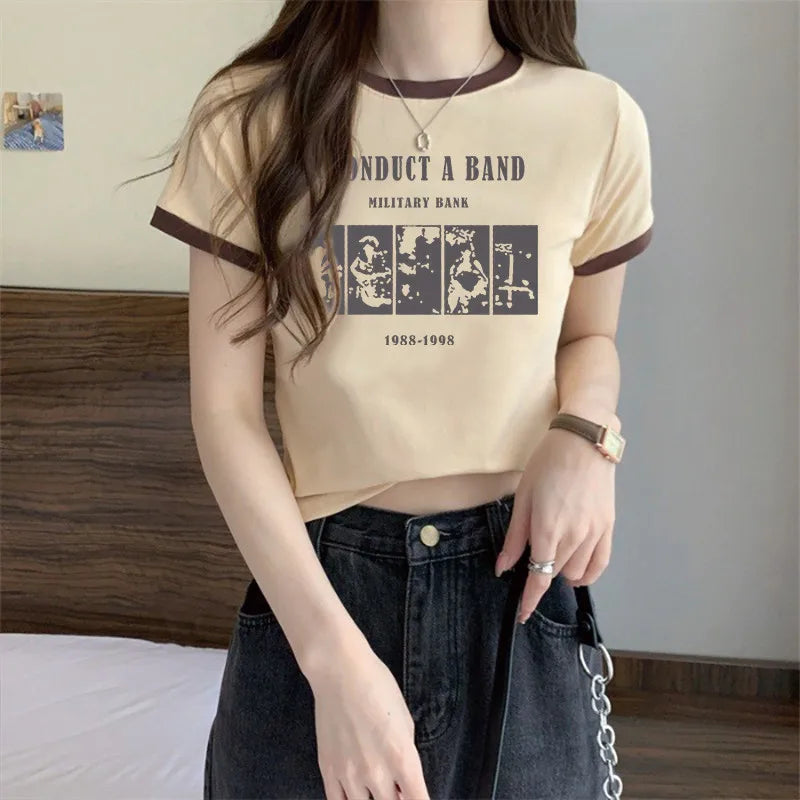 Retro Letter Print T-Shirt – Slim Fit Casual Top