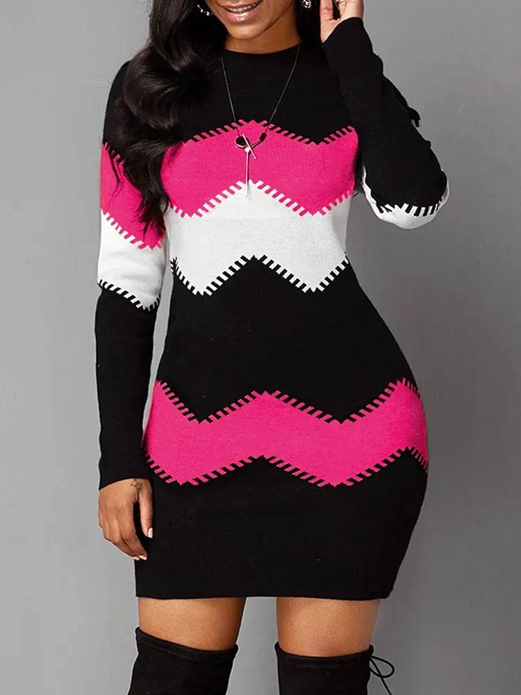 Autumn Women's Elegant O-Neck Slim Knitted Dress with Print – Long Sleeve Bodycon Mini Dress (5XL) - Stylemein