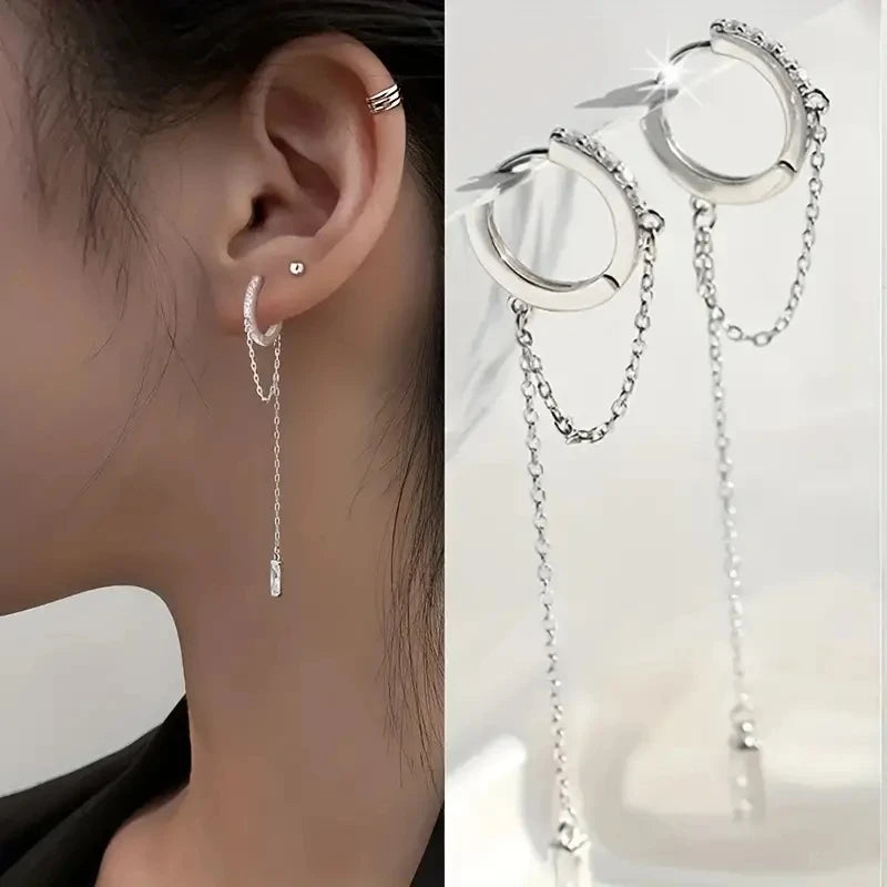 Silvery Tassel Hoop Pendant Earrings – Elegant Jewelry Gift for Women