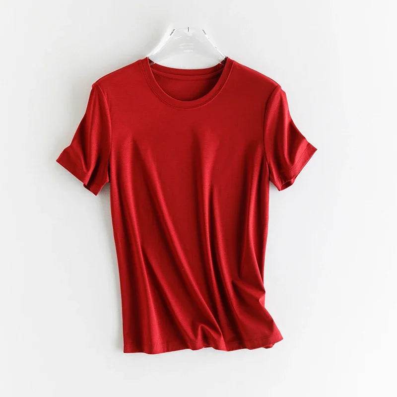 Luxury Silk & Mercerized Cotton Women’s T-Shirt – Short Sleeve Silky Feel V/O-Neck Summer Top - Stylemein