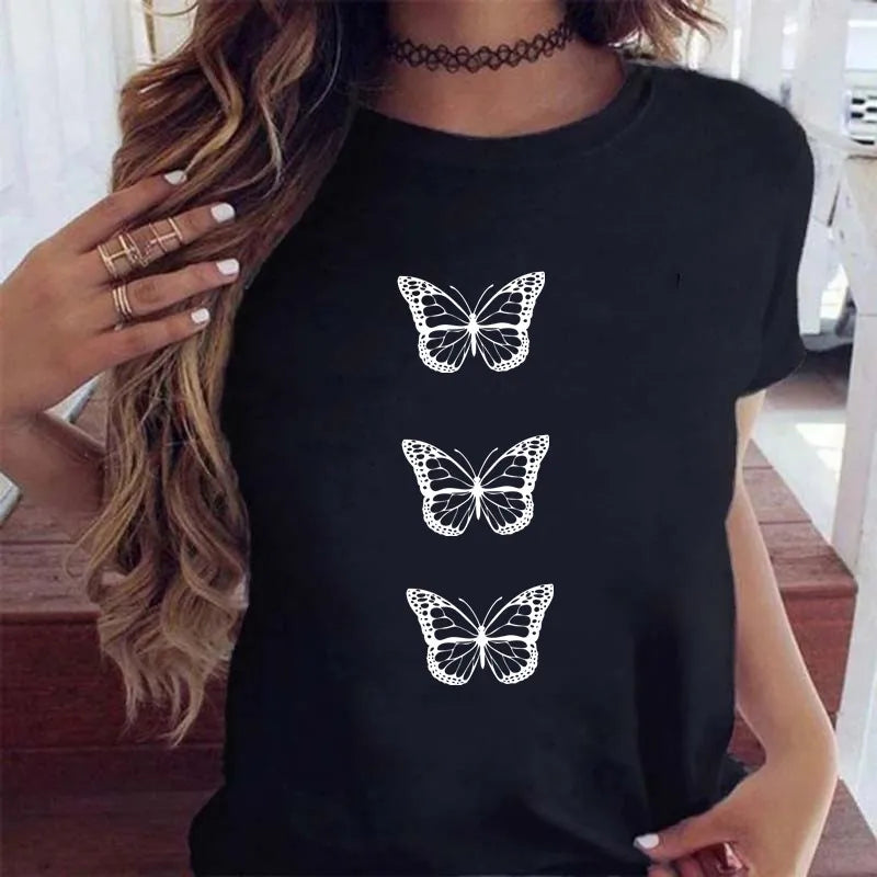 Women’s Butterfly Tree Print Harajuku T-Shirt – Black Round Neck Summer Casual Top